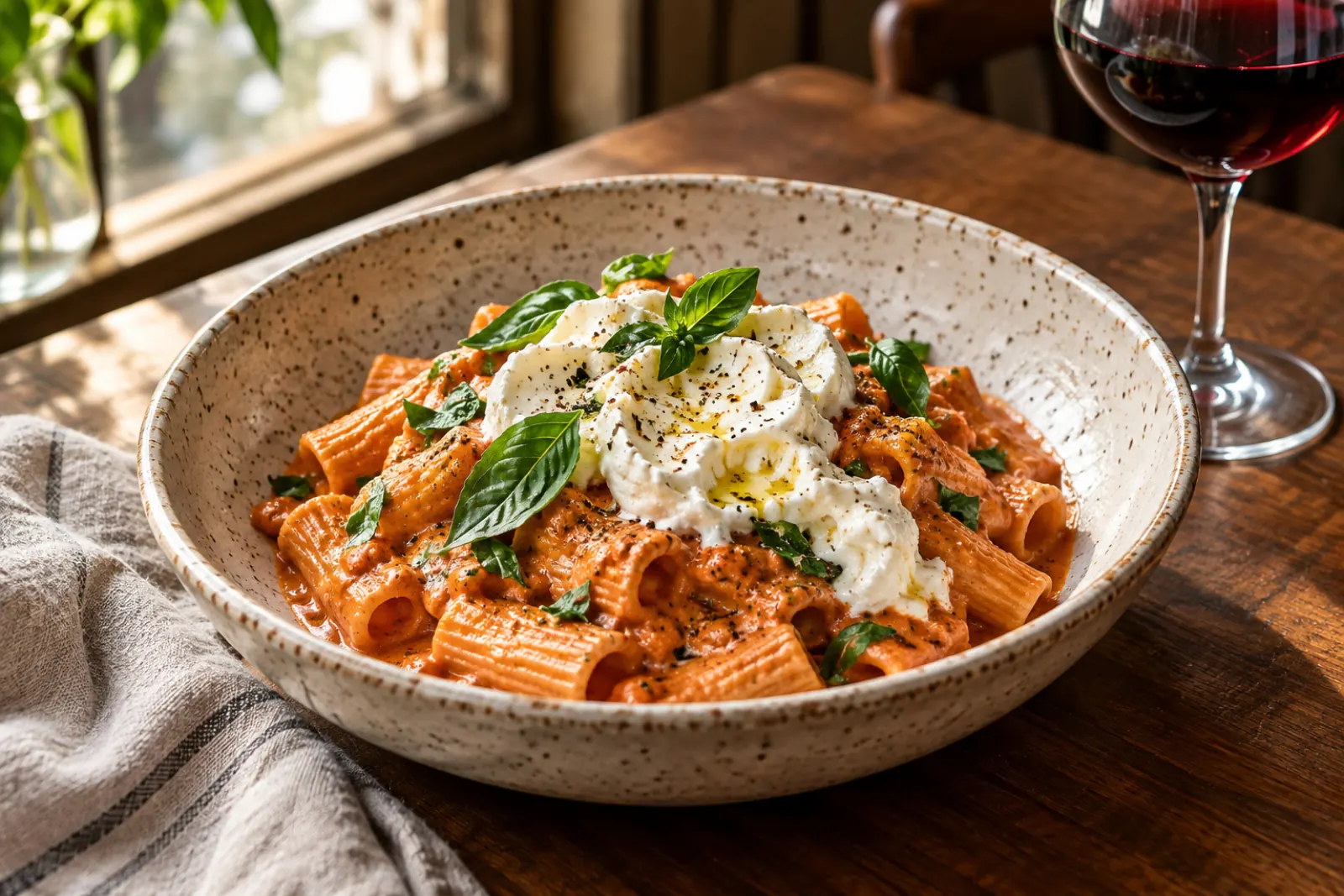 The same rigatoni alla vodka with burrata as a warm, styled restaurant photo generated by FoodPerfect