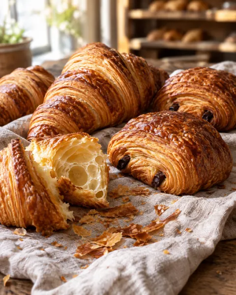 Croissants and pain au chocolat on linen