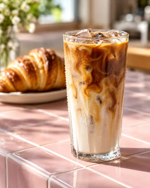 Iced oat latte on a pink tiled cafe counter