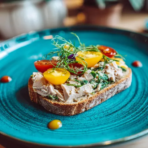 Open sandwich on a turquoise plate
