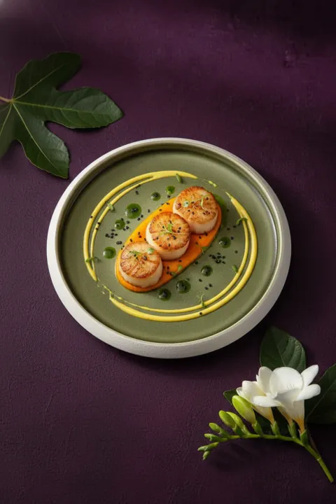 Fine dining scallops on a purple backdrop