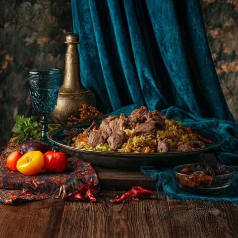 Lamb and rice feast on a teal table